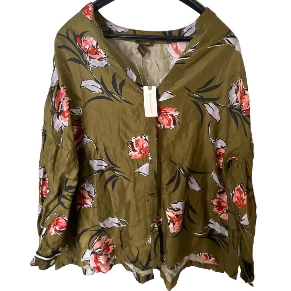 Vineet Bahl Anthropologie Women's Green Floriana Floral Buttondown Top Size XL‎